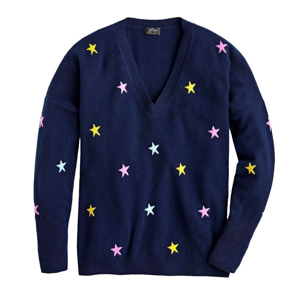NWT J.Crew V-neck Boyfriend Sweater in Navy Everyday Cashmere with Stars S